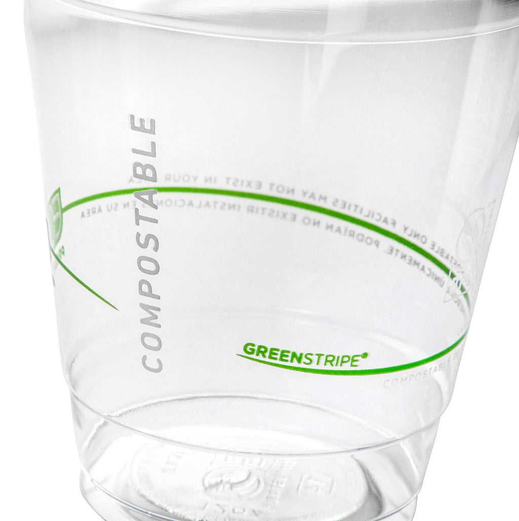 Clear compostable cup with 'Greenstripe' branding on a white background