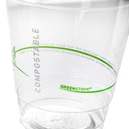 Clear compostable cup with 'Greenstripe' branding on a white background