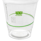 Clear compostable cup with green branding on a white background