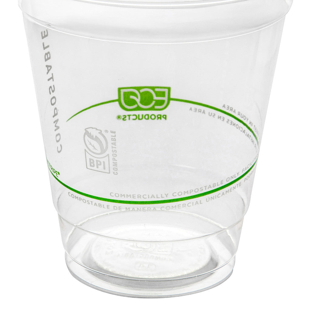 Clear compostable cup with green text and logos on a white background