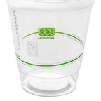 Clear compostable cup with green text and logos on a white background