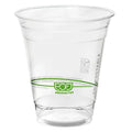 Clear compostable cup with green label on a white background