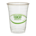 Clear plastic cup with Eco Products GreenStripe logo on a white background