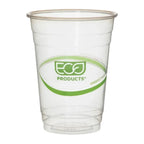 Clear plastic cup with Eco Products GreenStripe logo on a white background