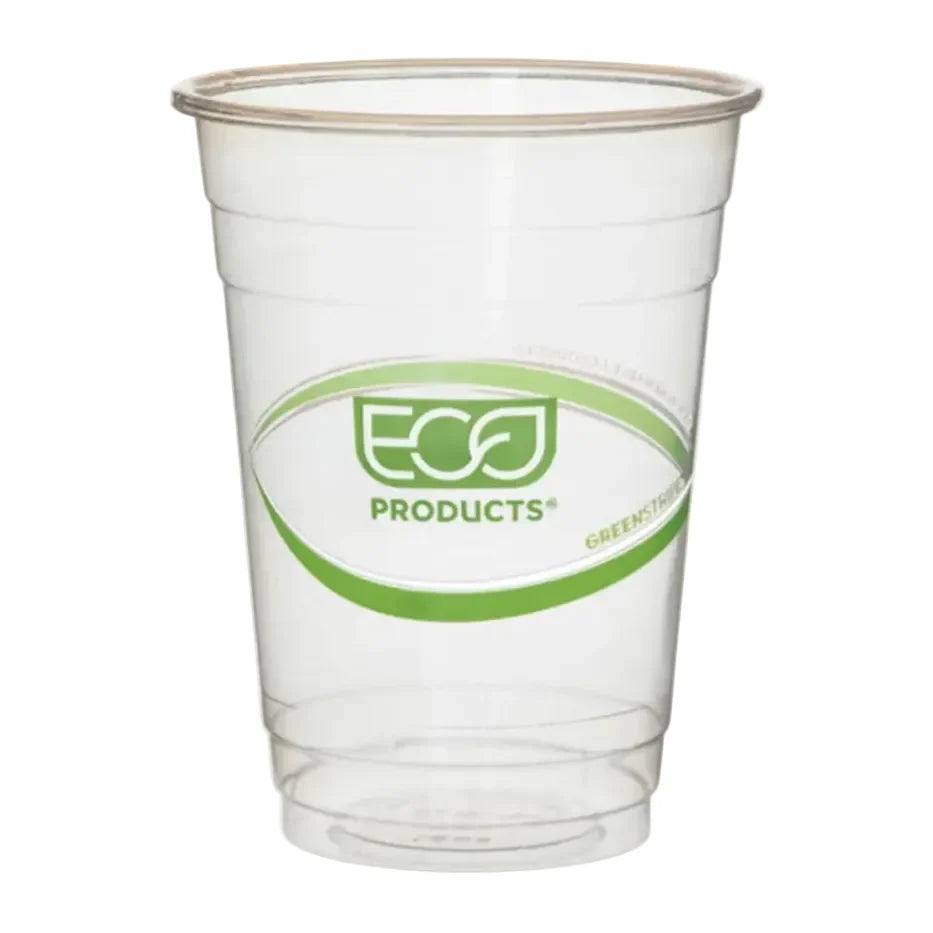 Clear plastic cup with Eco Products GreenStripe logo on a white background