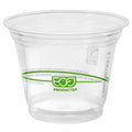 Clear compostable plastic cup with 'Products' logo on a white background