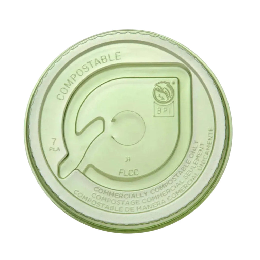 Green compostable lid with BPI logo on a white background