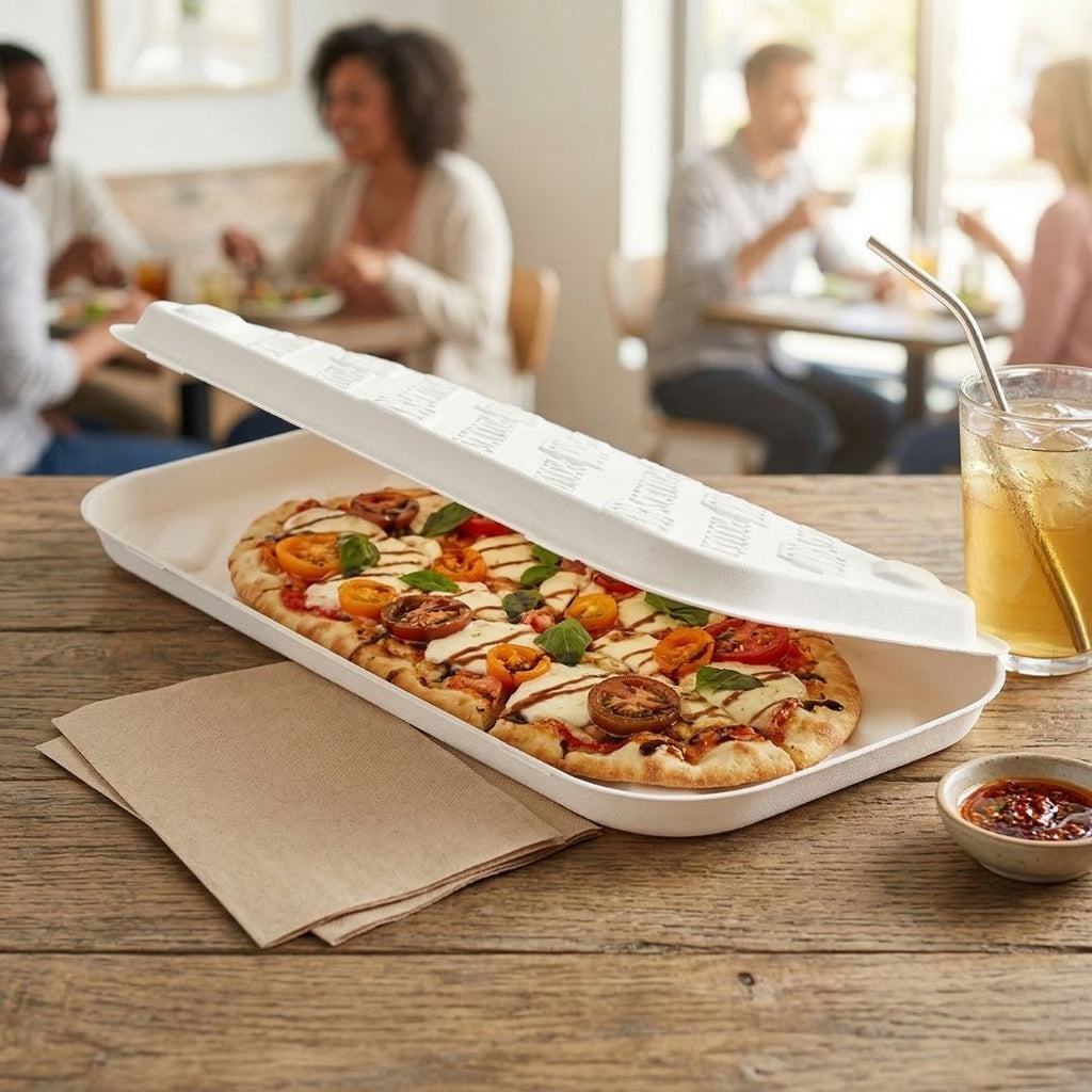 Flatbread pizza box on a table with people in the background