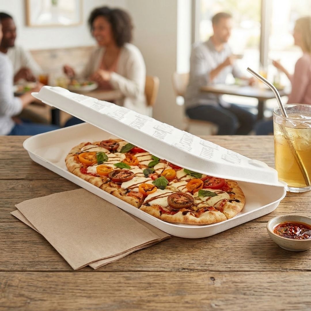 Flatbread pizza box on a table with people in the background