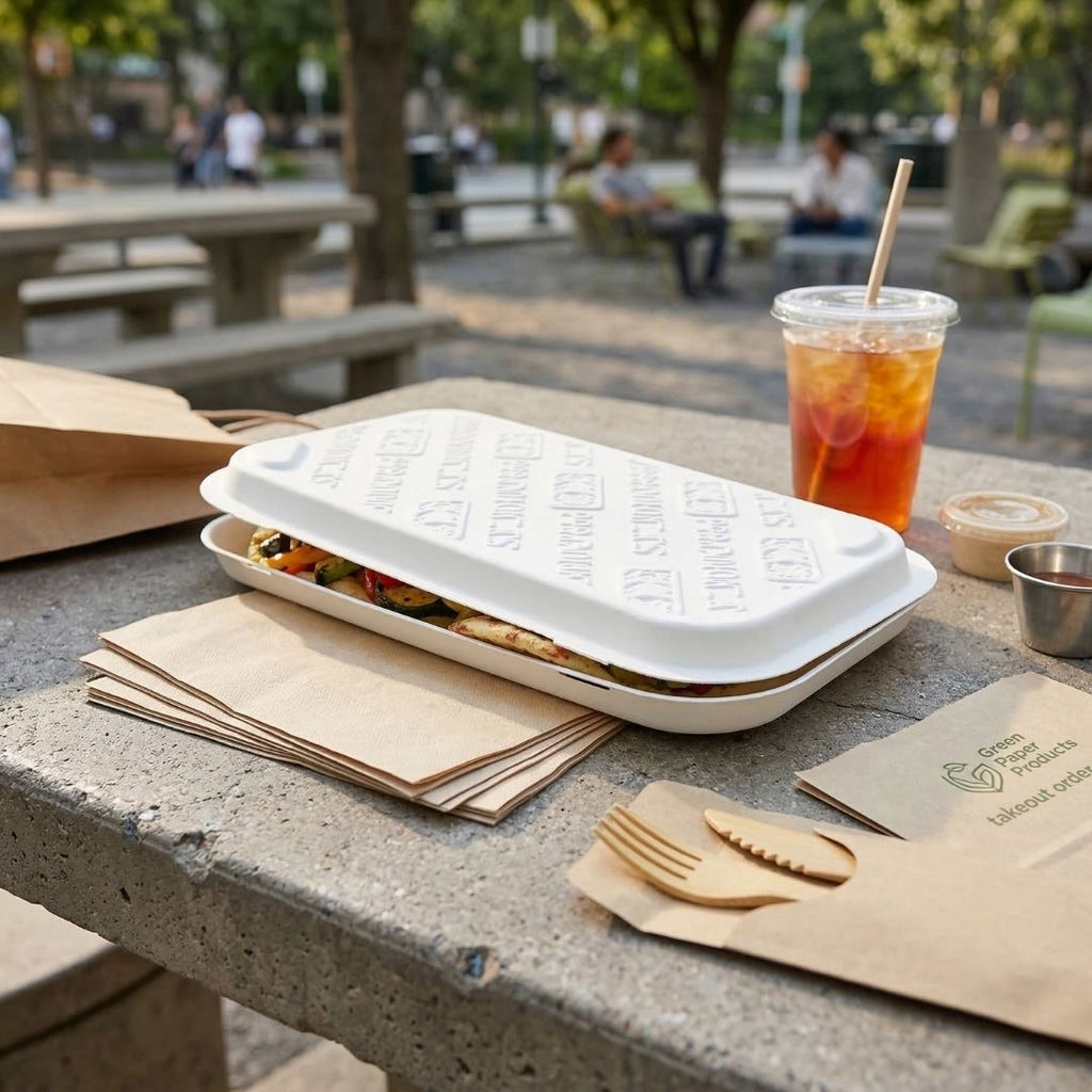 Take-out flatbread box, cup of iced tea, and wooden cutlery on a table outdoors.