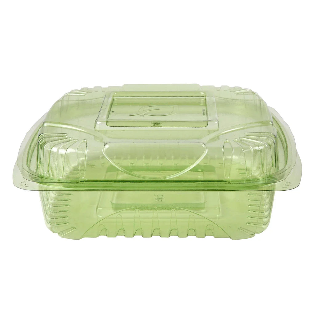 Compostable green plastic container with a lid on a white background