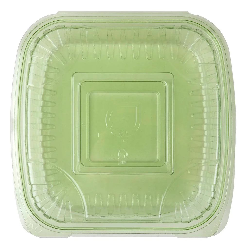 Clear plastic food clamshell on a white background