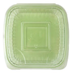 Clear plastic food clamshell on a white background