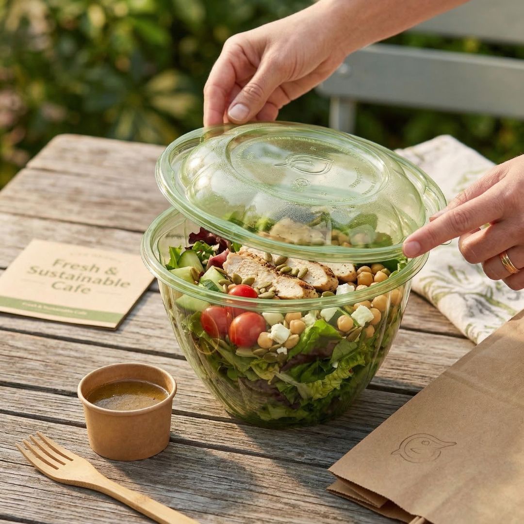 Salad in a compostable salad bowl with a lid on a wooden table outdoors.