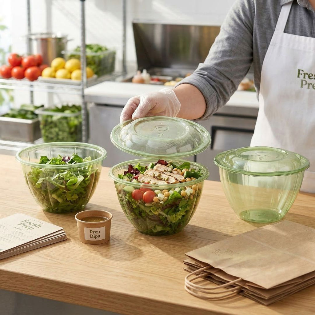 Person preparing a salad in a kitchen setting with green salad bowls and a gloved hand.