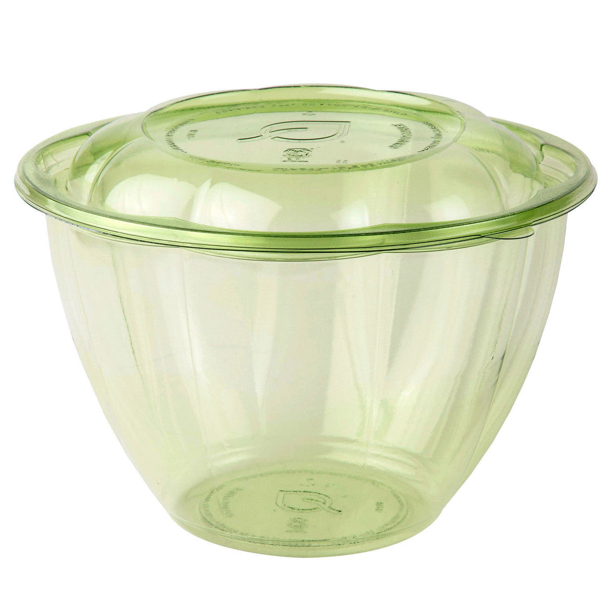 Clear green salad bowl with lid on a white background