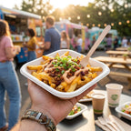 Hand holding loaded fries in a white compostable bowl with a food truck and people in the background