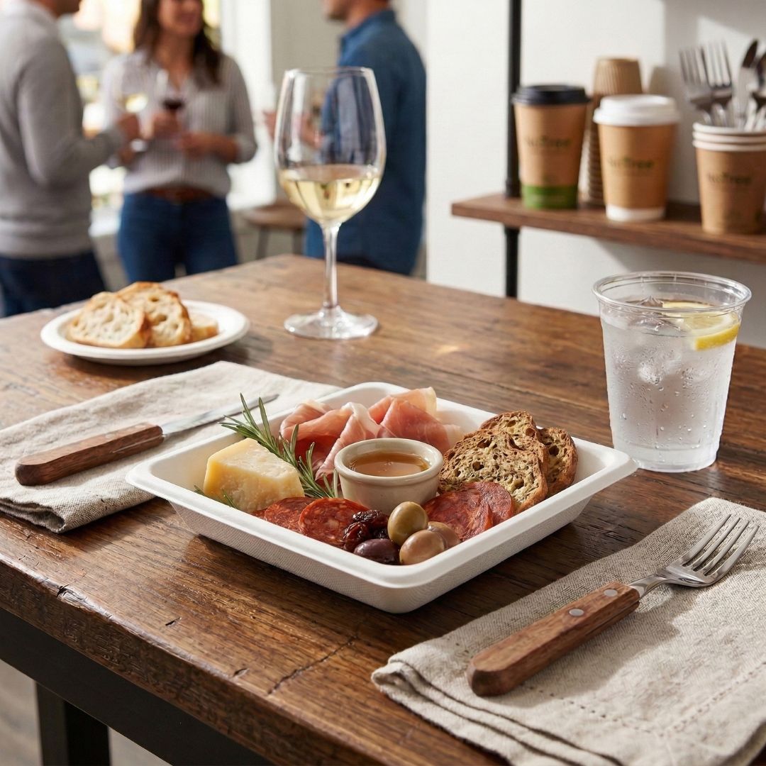 Food plated on a white compostable tray with a glass of white wine on a wooden table, people in the background.
