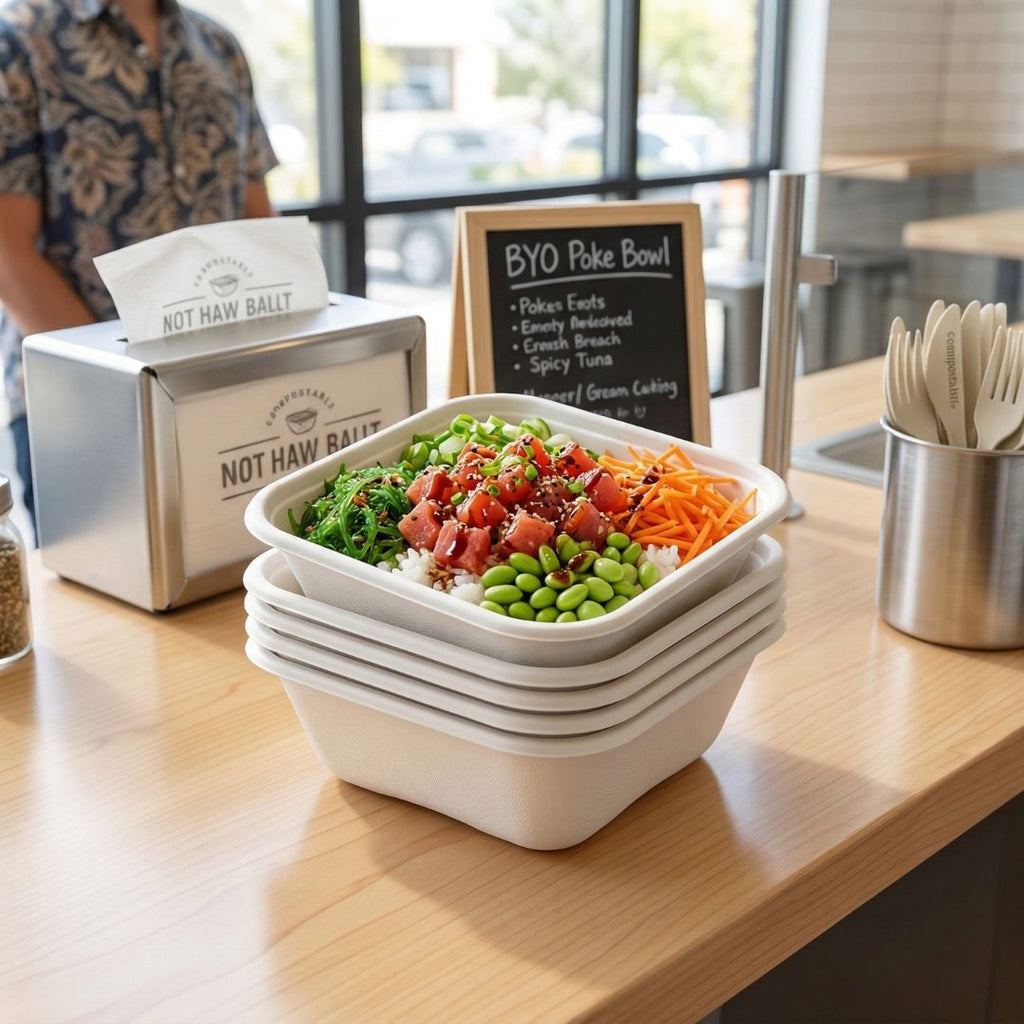 Stack of poke bowls in disposable bowls on a wooden counter with a sign in the background.
