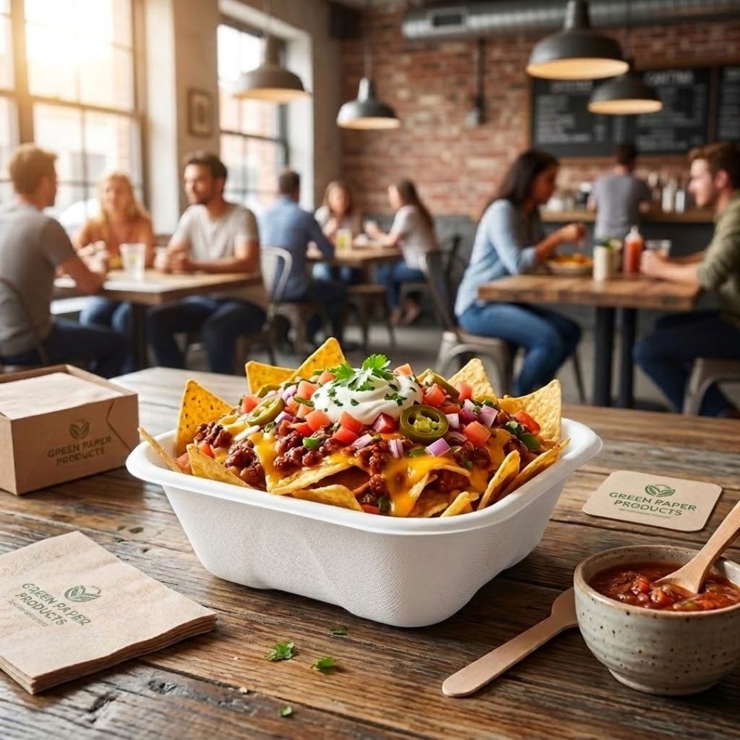 Compostable bowl of nachos with a casual dining setting in the background