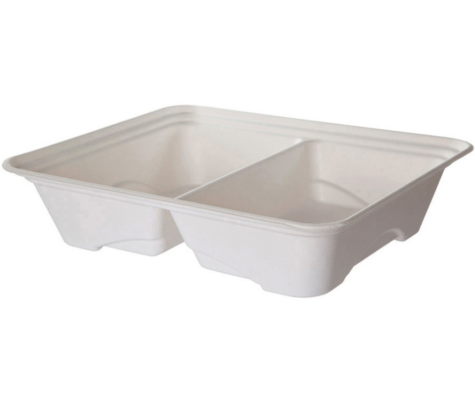 Vanguard™ Regalia™ Renewable & Compostable | Lined Sugarcane Half Pans | 2-Cmpt | 13" x 10" x 3"
