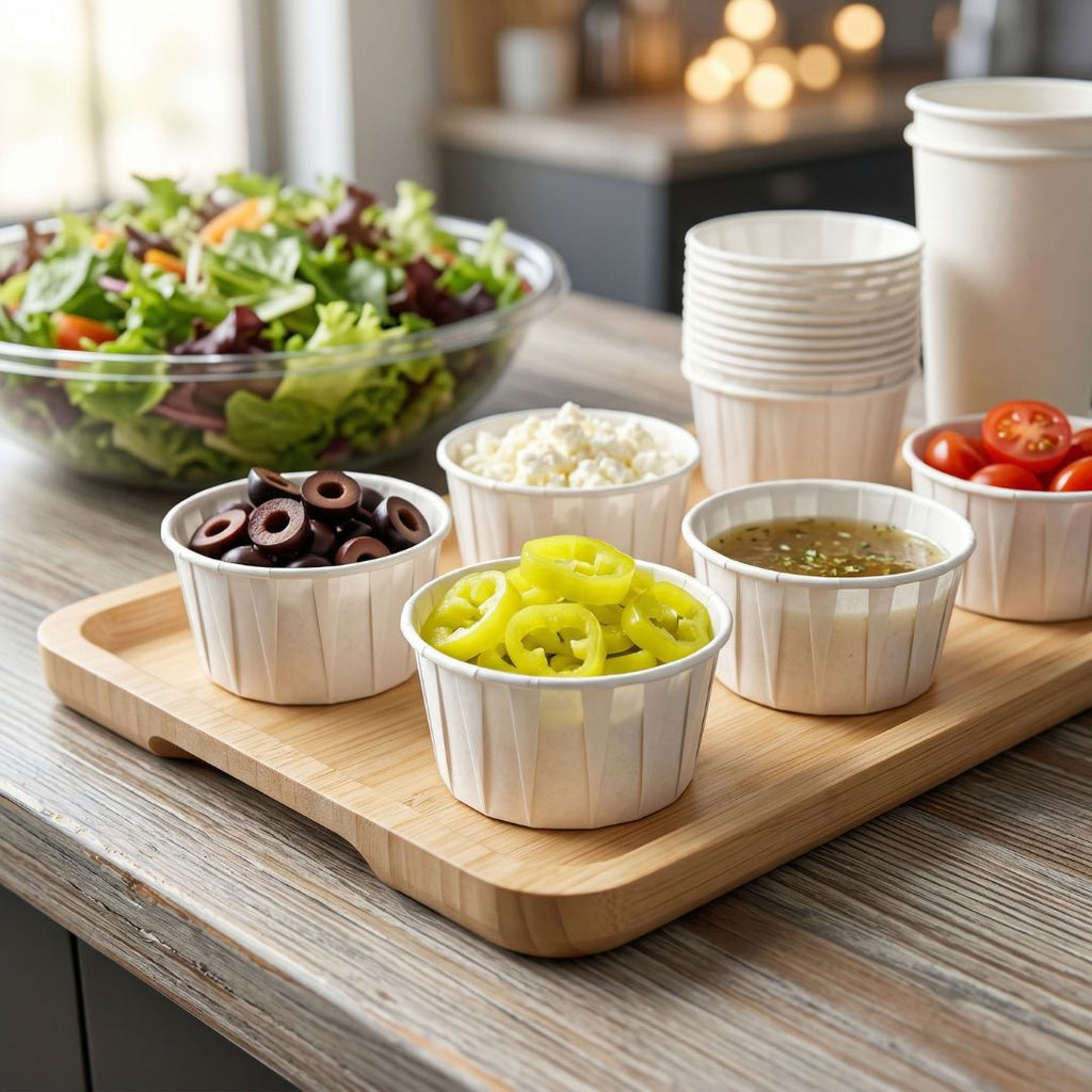 Assorted ingredients in small white cups on a wooden tray with a blurred kitchen background
