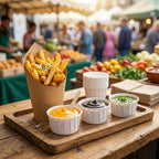 Tray of fries with condiment cups on a wooden table at an outdoor market.