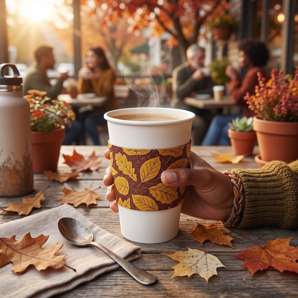 A hand holds a white paper coffee cup with a brown and yellow autumn leaf pattern sleeve, set on a wooden table with scattered leaves, a spoon, and a water bottle. The background shows a cozy, blurred outdoor cafe scene with people and fall foliage.