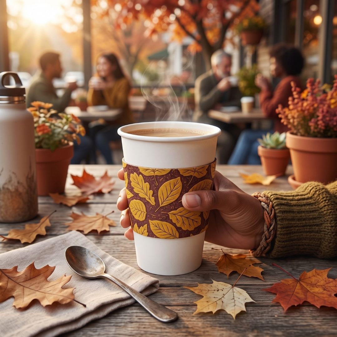A hand holds a white paper coffee cup with a brown and yellow autumn leaf pattern sleeve, set on a wooden table with scattered leaves, a spoon, and a water bottle. The background shows a cozy, blurred outdoor cafe scene with people and fall foliage.