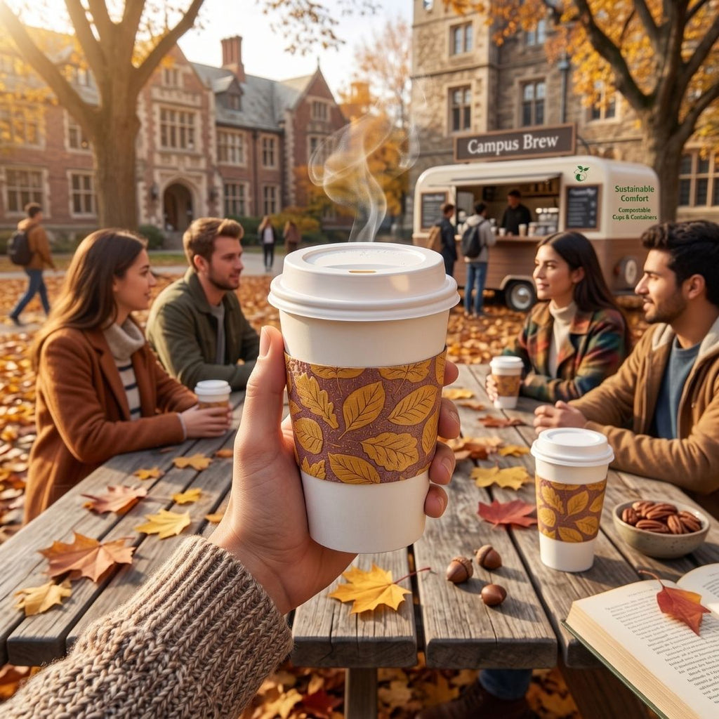 A hand holds a white paper coffee cup with a brown and gold leaf-patterned sleeve in the foreground, while three people sit at a wooden picnic table on a campus lawn surrounded by fallen leaves. A Campus Brew food truck is visible in the background.