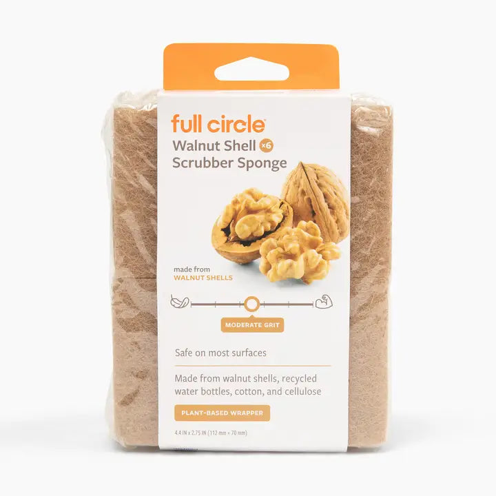Full Circle walnut shell scrubber sponge packaging on a white background