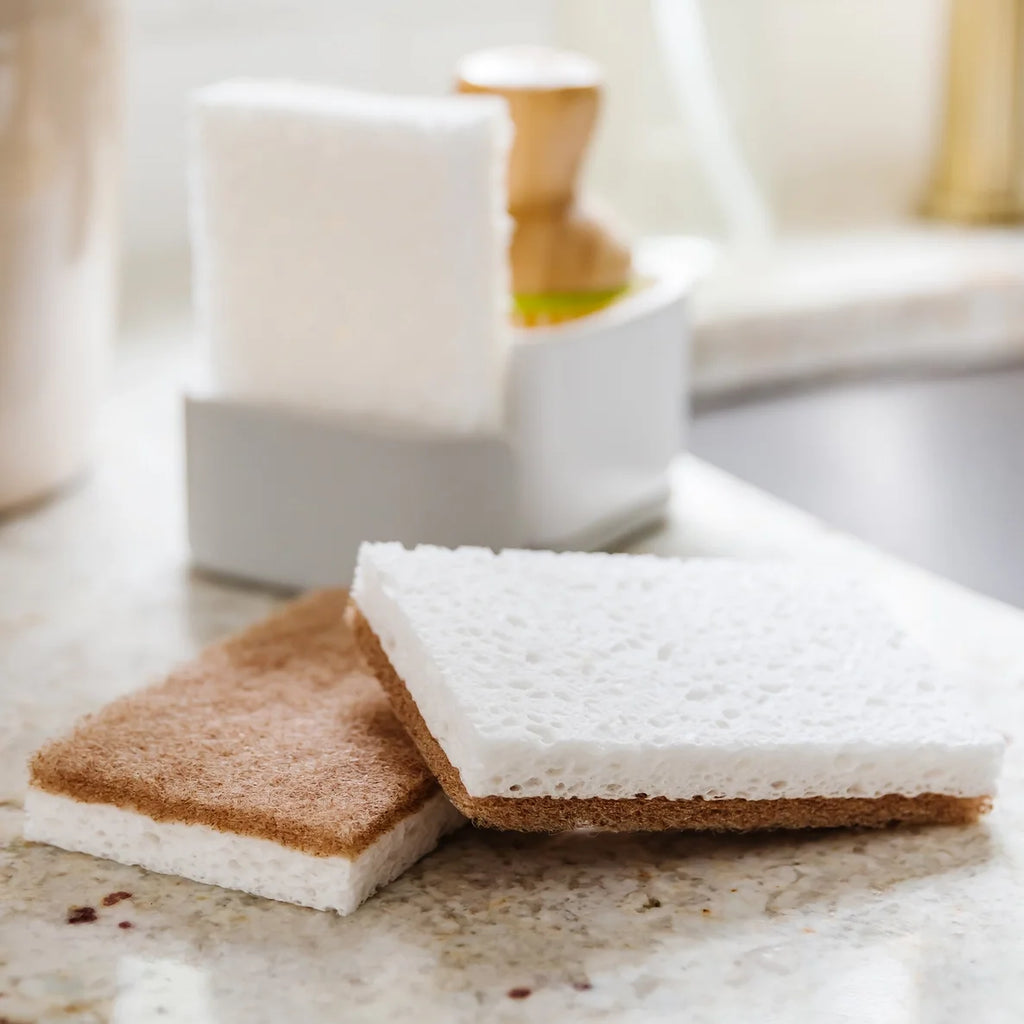 Two sponges on a marble surface with a blurred kitchen background