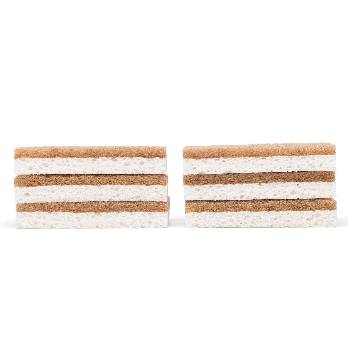 Scrubbing sponges with brown and white side stacked on a white background