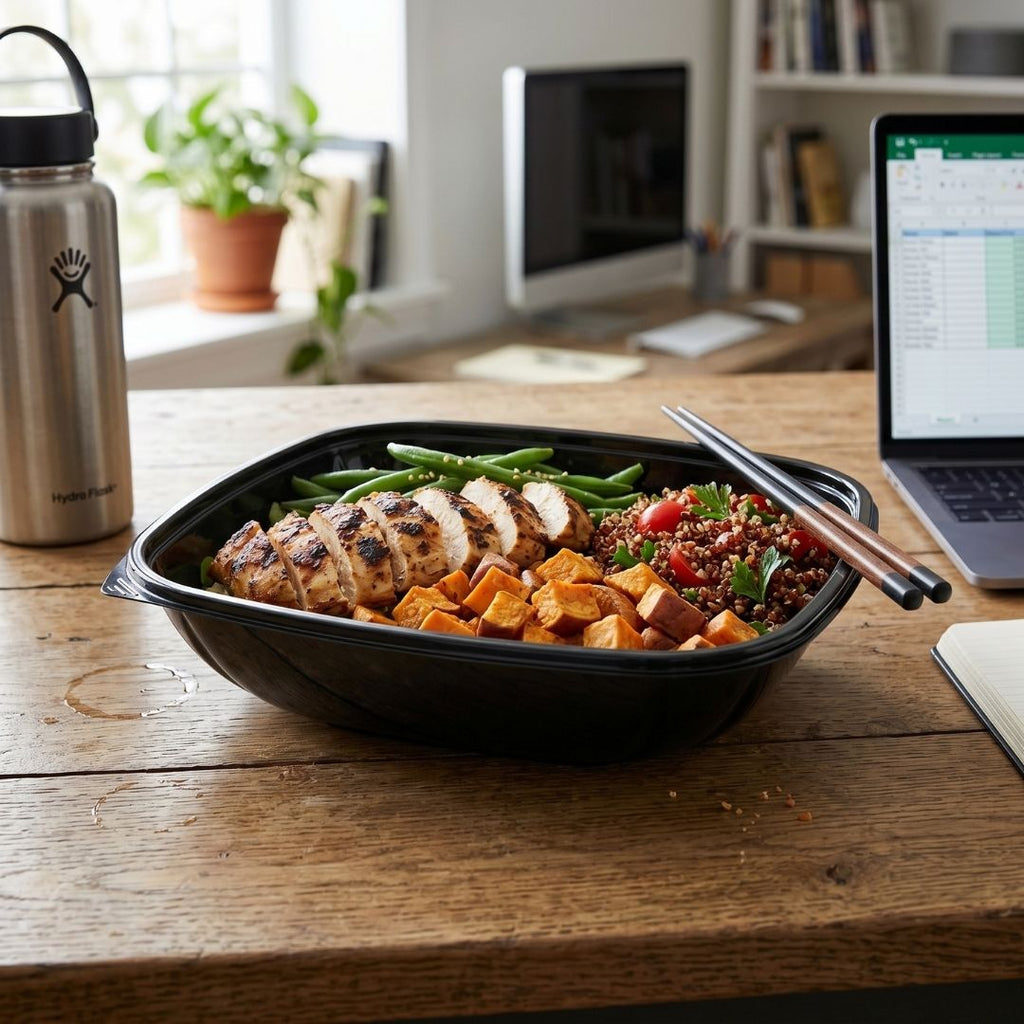 Prepared meal in a plastic black bowl on a wooden desk with a laptop and water bottle in the background.