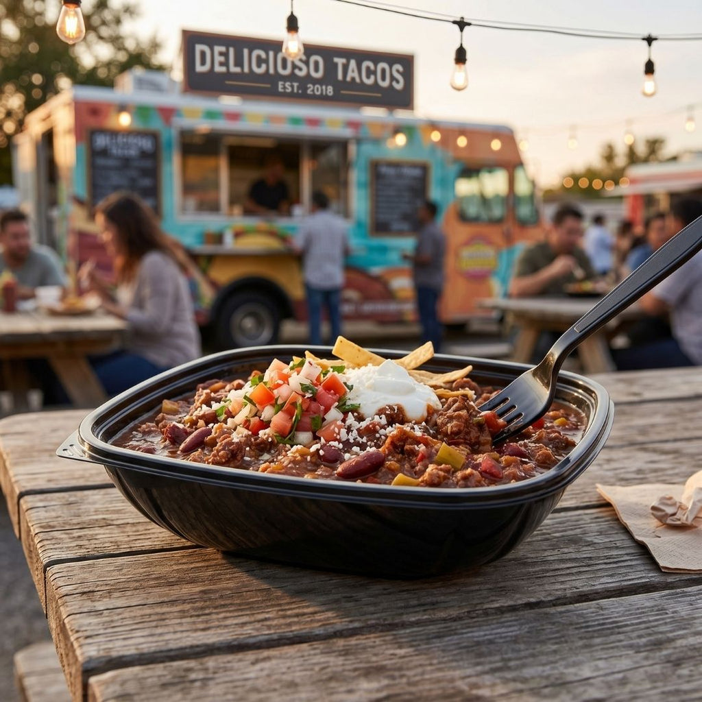 Bowl of chili with a fork on a wooden table in front of a food truck.