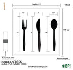 Technical drawing with dimensions of black cutlery set.