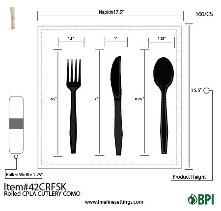 Technical drawing with dimensions of black cutlery set.