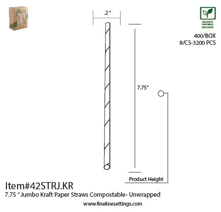 7.75" Kraft Paper Straws | Jumbo | Unwrapped | Case of 3200