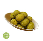 Mini appetizer bowl filled with green olives.