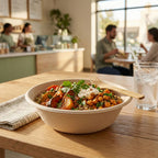 Bowl of salad with a fork on a wooden table in a casual dining setting