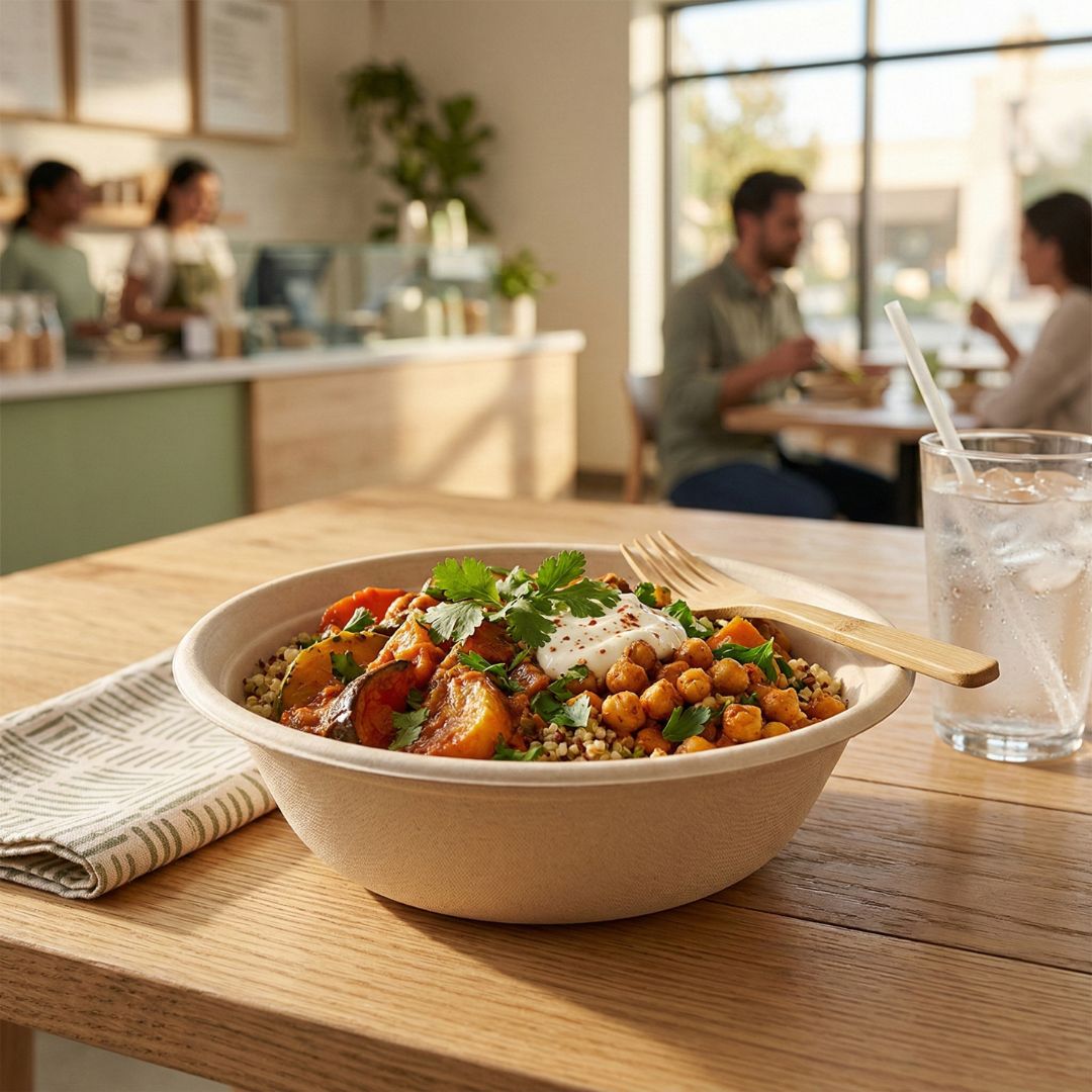Bowl of salad with a fork on a wooden table in a casual dining setting
