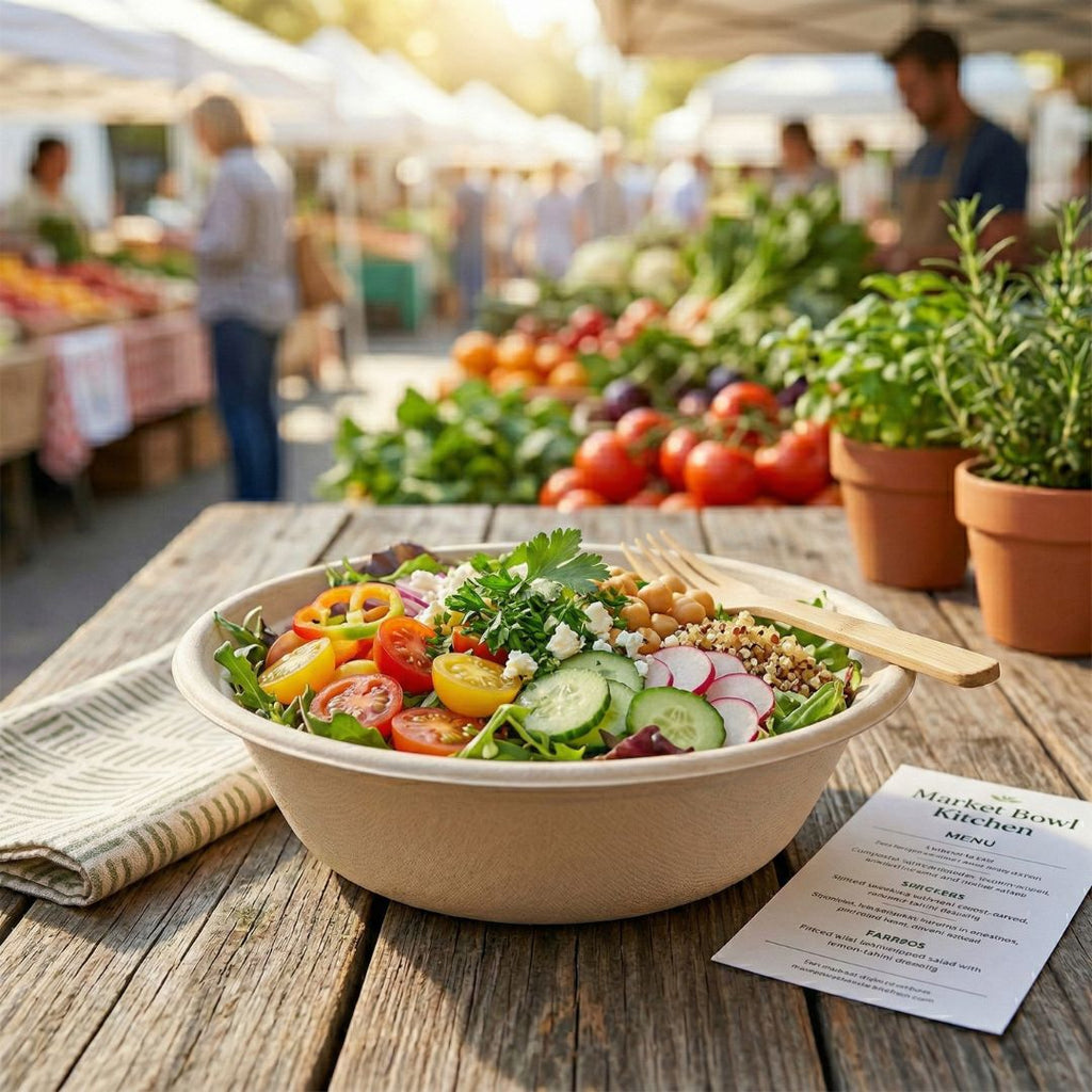 Bowl of salad on a wooden table at an outdoor farmers market.