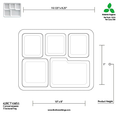 10" x 8" Fiber 5 Compartment Trays | White | School Lunch Tray