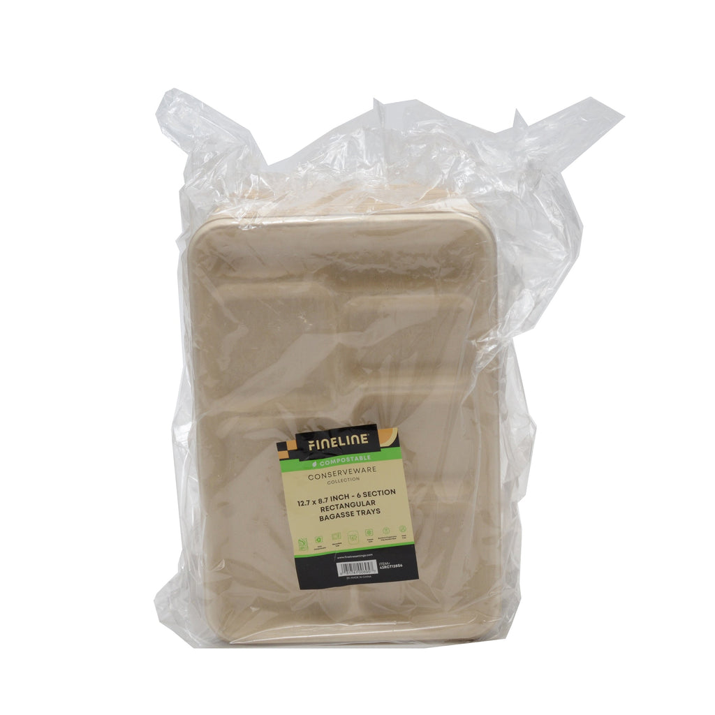 Packaged beige lunch trays with a FineLine label on a white background