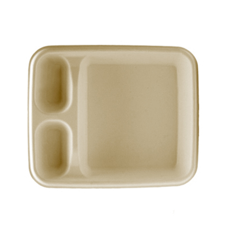 Beige three-compartment tray on a white background