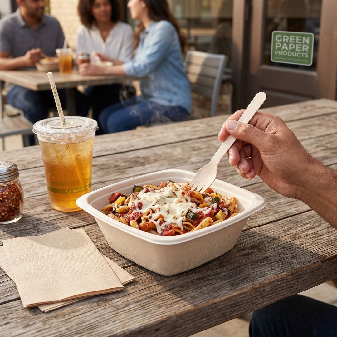 Person holding a fork over a take-out bowl of pasta with a drink and napkin on a wooden table.