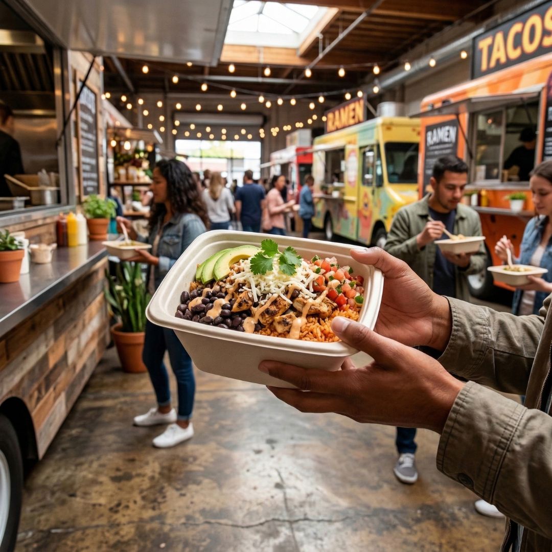 Person holding a take-out bowl of food in a bustling food truck area.