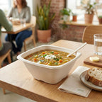 Bowl of soup on a table with people in the background
