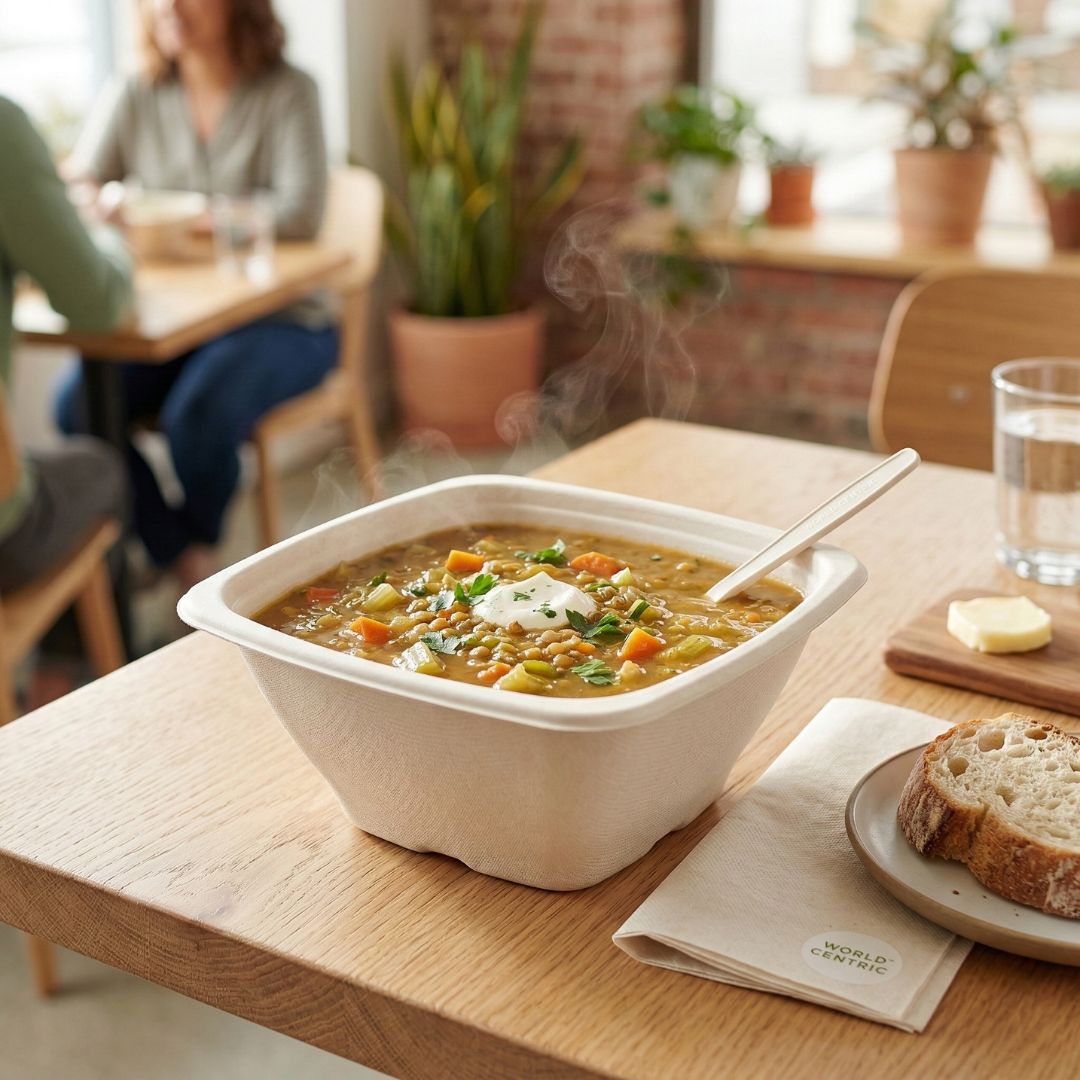 Bowl of soup on a table with people in the background