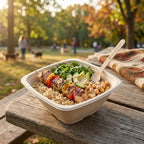 Fiber bowl with a salad and fork on a wooden table in a park setting